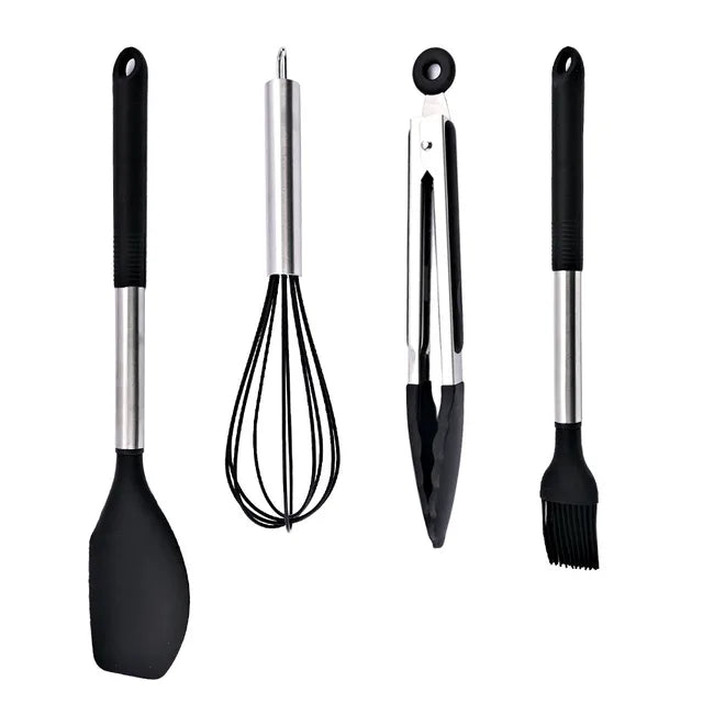 Silicone Kitchenware Non-stick Cooking Utensils Set Cookware Spatula Egg Beaters Shovel Stainless Steel Handle Kitchen Tool Set