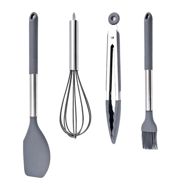 Silicone Kitchenware Non-stick Cooking Utensils Set Cookware Spatula Egg Beaters Shovel Stainless Steel Handle Kitchen Tool Set