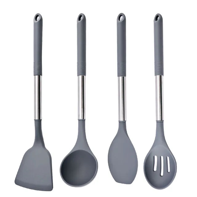 Silicone Kitchenware Non-stick Cooking Utensils Set Cookware Spatula Egg Beaters Shovel Stainless Steel Handle Kitchen Tool Set