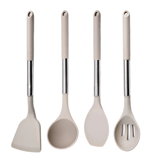 Silicone Kitchenware Non-stick Cooking Utensils Set Cookware Spatula Egg Beaters Shovel Stainless Steel Handle Kitchen Tool Set