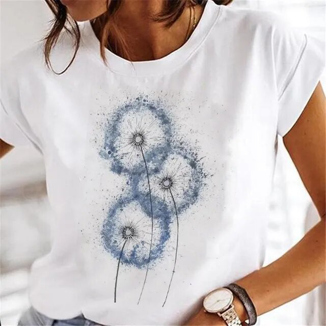 Women Dandelion T-shirts Fashion Clothing Cartoon Clothes Watercolor 90s Short Sleeve Spring Summer Female Tee Graphic Tshirt