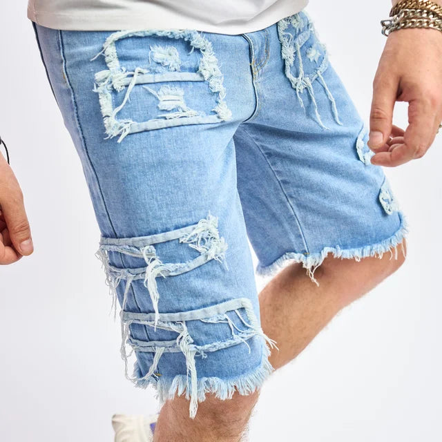 2023 Summer Men Streetwear Ripped Patch Denim Shorts Stylish Solid Casual Straight Male Jeans Five-point Pants