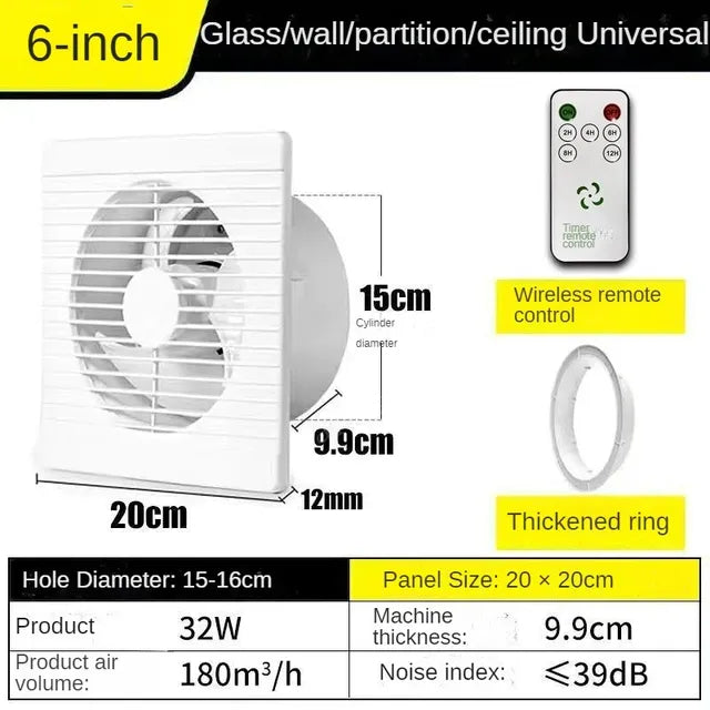 220V 4/ 6/ 8 Inch Remote Control Window Wall Exhaust Fan for Bathroom Toilet Kitchen Air Ventilation with Timing Function