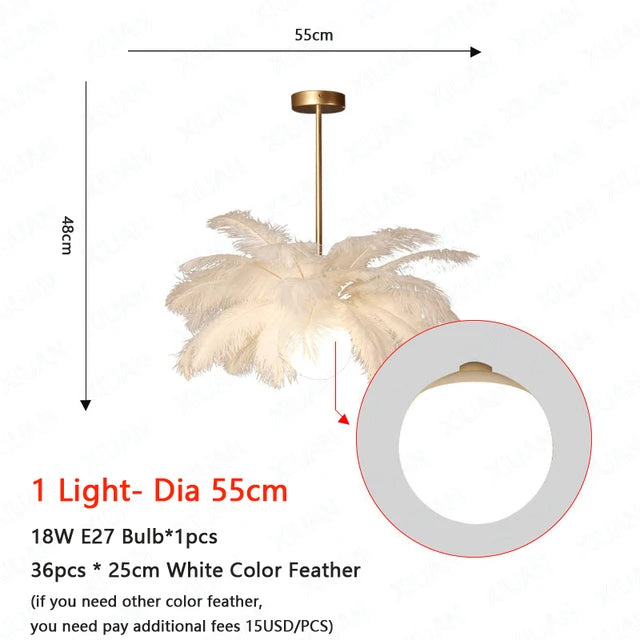 Nordic White Ostrich Feather Pendant Light Modern Led Ceiling Chandelier for Living Dining Room Children's Bedroom Hanghing Lamp