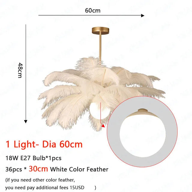 Nordic White Ostrich Feather Pendant Light Modern Led Ceiling Chandelier for Living Dining Room Children's Bedroom Hanghing Lamp