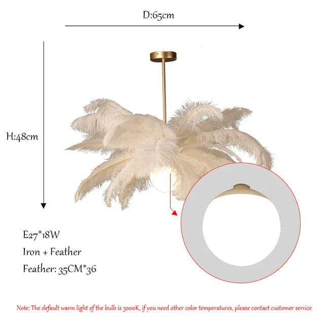 Nordic White Ostrich Feather Pendant Light Modern Led Ceiling Chandelier for Living Dining Room Children's Bedroom Hanghing Lamp