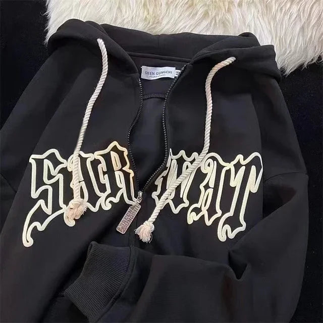 Y2k Women Spider Print Hoodies Autumn Winter Hip Hop Zipper Loose Long Sleeve Jacket Coats Harajuku Oversize Hooded Sweatshirt