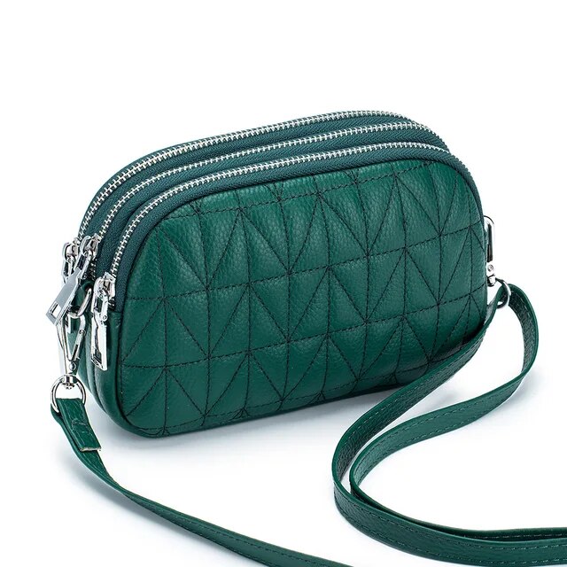 Small Crossbody Bag for Women Real Leather Quilted Shoulder Handbag Trendy Design Triple Zip Cellphone Purse Soft Cowhide Wallet