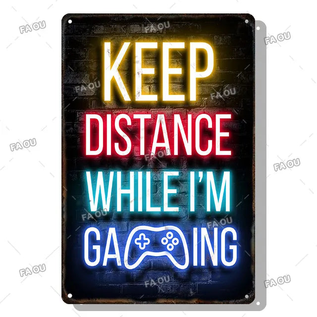 Gamepad Vintage Metal Poster Neon Light Glow Lettering Decorative Tin Sign Game Room Wall Art Plaque Modern Home Decor Aesthetic