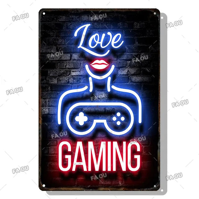 Gamepad Vintage Metal Poster Neon Light Glow Lettering Decorative Tin Sign Game Room Wall Art Plaque Modern Home Decor Aesthetic