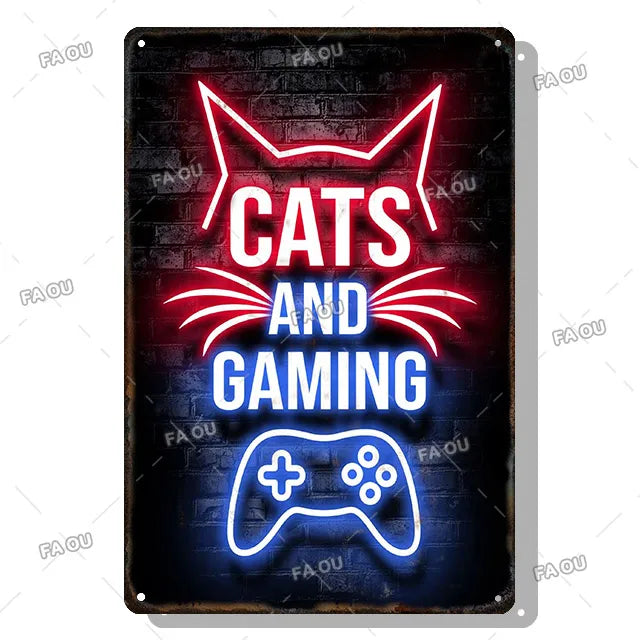 Gamepad Vintage Metal Poster Neon Light Glow Lettering Decorative Tin Sign Game Room Wall Art Plaque Modern Home Decor Aesthetic