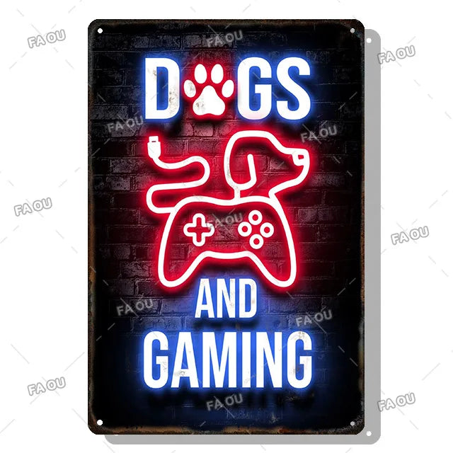 Gamepad Vintage Metal Poster Neon Light Glow Lettering Decorative Tin Sign Game Room Wall Art Plaque Modern Home Decor Aesthetic