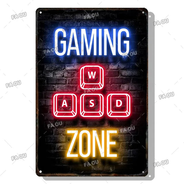 Gamepad Vintage Metal Poster Neon Light Glow Lettering Decorative Tin Sign Game Room Wall Art Plaque Modern Home Decor Aesthetic