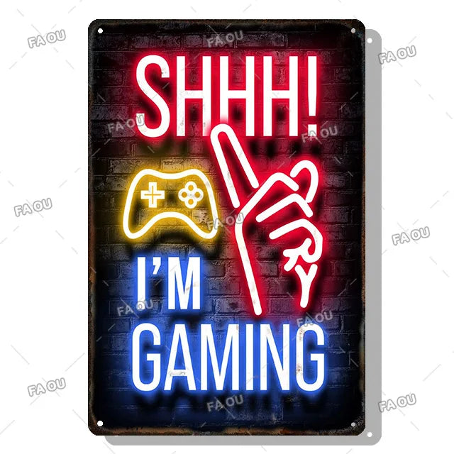 Gamepad Vintage Metal Poster Neon Light Glow Lettering Decorative Tin Sign Game Room Wall Art Plaque Modern Home Decor Aesthetic