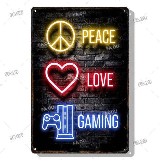 Gamepad Vintage Metal Poster Neon Light Glow Lettering Decorative Tin Sign Game Room Wall Art Plaque Modern Home Decor Aesthetic