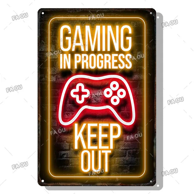 Gamepad Vintage Metal Poster Neon Light Glow Lettering Decorative Tin Sign Game Room Wall Art Plaque Modern Home Decor Aesthetic