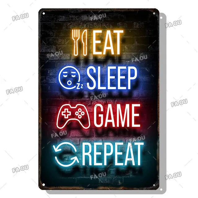 Gamepad Vintage Metal Poster Neon Light Glow Lettering Decorative Tin Sign Game Room Wall Art Plaque Modern Home Decor Aesthetic