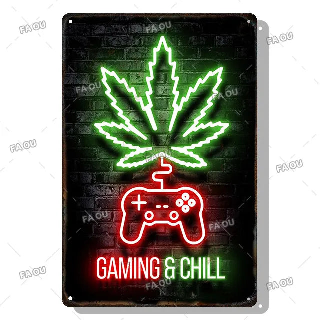 Gamepad Vintage Metal Poster Neon Light Glow Lettering Decorative Tin Sign Game Room Wall Art Plaque Modern Home Decor Aesthetic