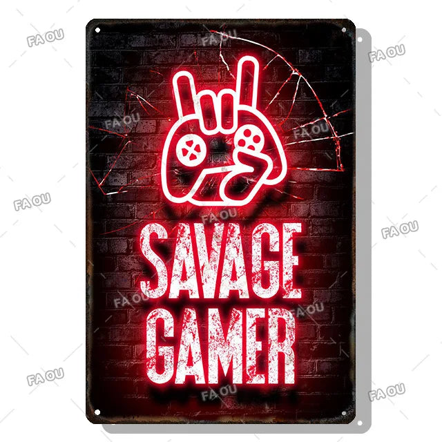 Gamepad Vintage Metal Poster Neon Light Glow Lettering Decorative Tin Sign Game Room Wall Art Plaque Modern Home Decor Aesthetic