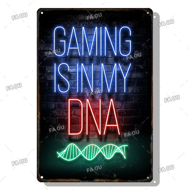 Gamepad Vintage Metal Poster Neon Light Glow Lettering Decorative Tin Sign Game Room Wall Art Plaque Modern Home Decor Aesthetic