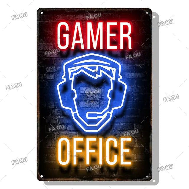 Gamepad Vintage Metal Poster Neon Light Glow Lettering Decorative Tin Sign Game Room Wall Art Plaque Modern Home Decor Aesthetic