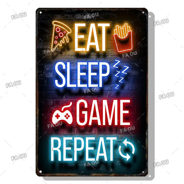 Gamepad Vintage Metal Poster Neon Light Glow Lettering Decorative Tin Sign Game Room Wall Art Plaque Modern Home Decor Aesthetic