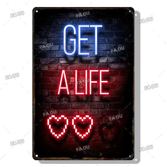 Gamepad Vintage Metal Poster Neon Light Glow Lettering Decorative Tin Sign Game Room Wall Art Plaque Modern Home Decor Aesthetic