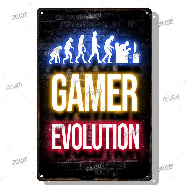 Gamepad Vintage Metal Poster Neon Light Glow Lettering Decorative Tin Sign Game Room Wall Art Plaque Modern Home Decor Aesthetic