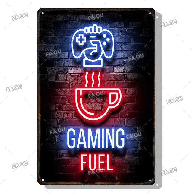 Gamepad Vintage Metal Poster Neon Light Glow Lettering Decorative Tin Sign Game Room Wall Art Plaque Modern Home Decor Aesthetic