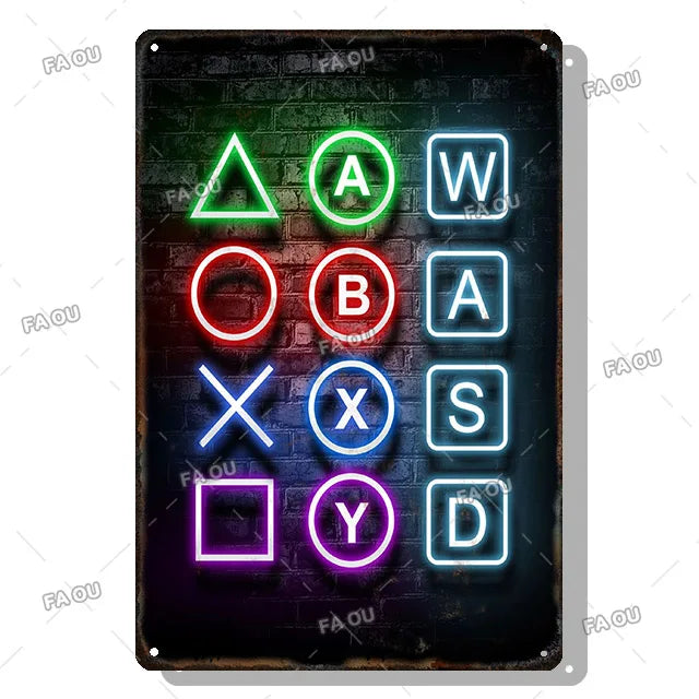 Gamepad Vintage Metal Poster Neon Light Glow Lettering Decorative Tin Sign Game Room Wall Art Plaque Modern Home Decor Aesthetic