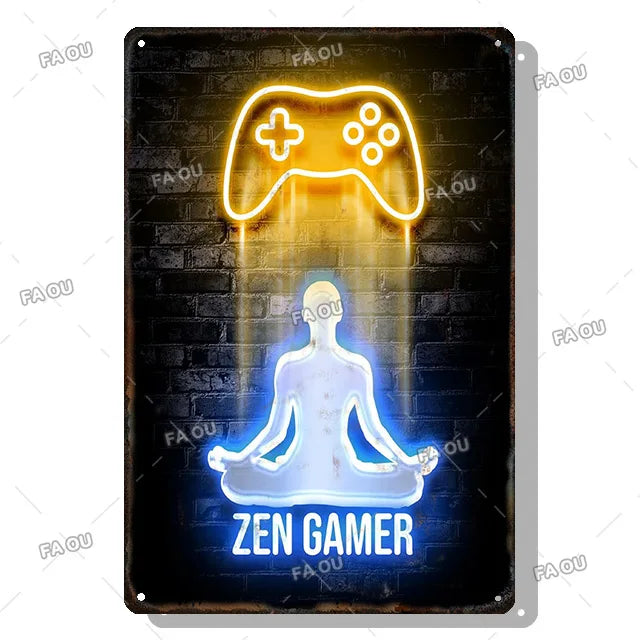 Gamepad Vintage Metal Poster Neon Light Glow Lettering Decorative Tin Sign Game Room Wall Art Plaque Modern Home Decor Aesthetic