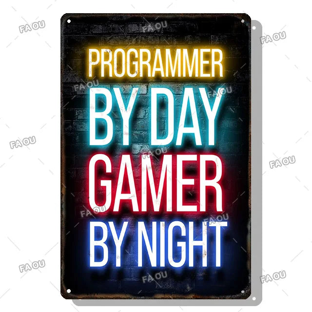 Gamepad Vintage Metal Poster Neon Light Glow Lettering Decorative Tin Sign Game Room Wall Art Plaque Modern Home Decor Aesthetic