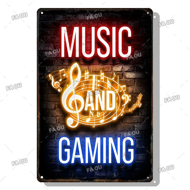 Gamepad Vintage Metal Poster Neon Light Glow Lettering Decorative Tin Sign Game Room Wall Art Plaque Modern Home Decor Aesthetic