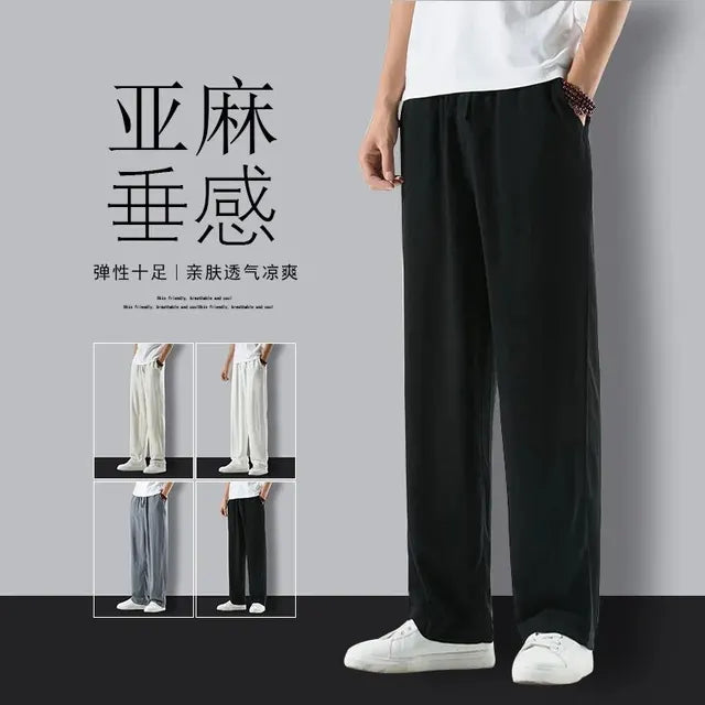 Men Summer Thin Breathable Slim Fit Casual Loose Trousers Large Size Cotton Linen Fabric Suitable Middle-Aged Elderly