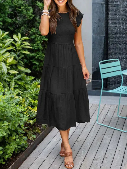 2023 Summer Fashion Casual Pleated A Line Women's Dress Fashion Elegant Chic Solid O-neck Flying Sleeve Long Dresses For Women