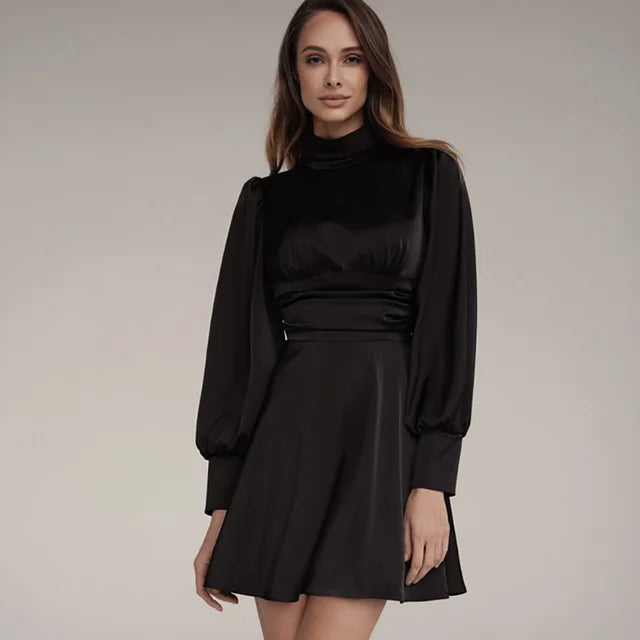 Fashion Stand Collar Satin 2023 Spring Women Dresses Elegant Long Sleeve Backless Mini Dress Casual Slim Pleated Dress Robe