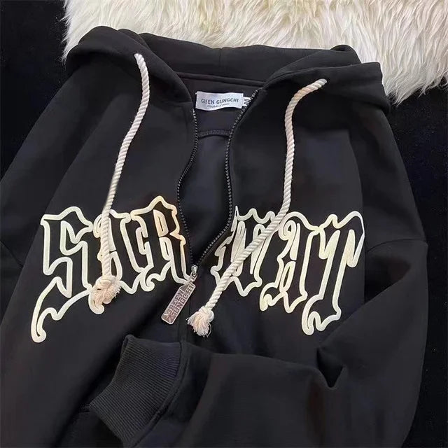 Y2K Letter Print Hoodies Women Winter Autumn Harajuku Hip Hop Zip Up Hooded Sweatshirts Fashion Punk Sports Jacket Streetwear