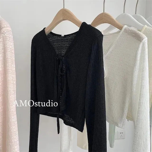 Woman T-shirt Summer Thin Bow Solid Color Short Thin Womens Cardigan Korean Fashion Casual Sun Protection 2023 Top Women Clothin