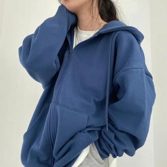 Women Hoodies 2023 Autumn Retro Solid Color Zip Up Oversized Sweatshirts Harajuku Korean Version Long Sleeve Hooded Jackets Coat