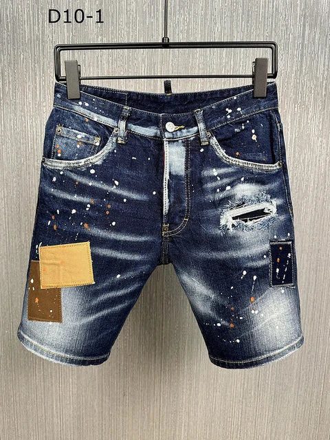 summer Men's Denim Shorts Print Letter Breeches Half Pants Slim Fit Elasticity Splatted Paint Beggar Trousers dsq2 jeans short