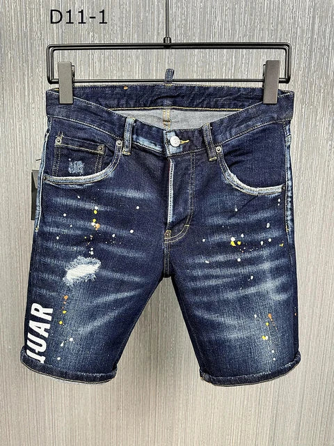 summer Men's Denim Shorts Print Letter Breeches Half Pants Slim Fit Elasticity Splatted Paint Beggar Trousers dsq2 jeans short