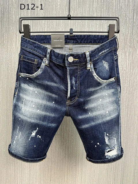 summer Men's Denim Shorts Print Letter Breeches Half Pants Slim Fit Elasticity Splatted Paint Beggar Trousers dsq2 jeans short