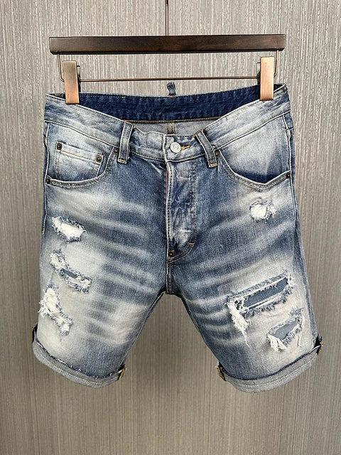 summer Men's Denim Shorts Print Letter Breeches Half Pants Slim Fit Elasticity Splatted Paint Beggar Trousers dsq2 jeans short