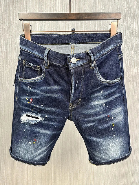 summer Men's Denim Shorts Print Letter Breeches Half Pants Slim Fit Elasticity Splatted Paint Beggar Trousers dsq2 jeans short