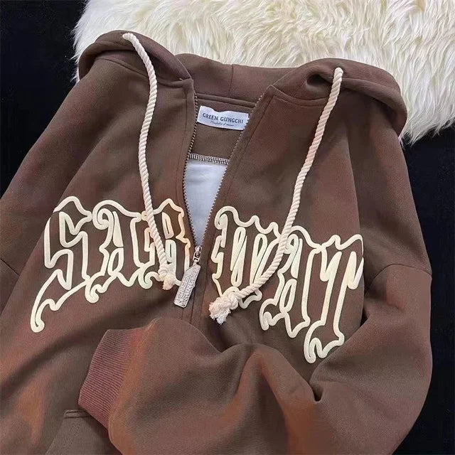 Y2K Letter Print Hoodies Women Winter Autumn Harajuku Hip Hop Zip Up Hooded Sweatshirts Fashion Punk Sports Jacket Streetwear