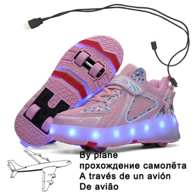 Children Four Wheels Luminous Glowing Sneakers Black Pink Led Light Roller Skate Shoes Kids Led Shoes Boys Girls USB Charging 43