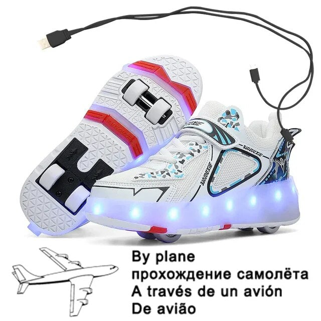 Children Four Wheels Luminous Glowing Sneakers Black Pink Led Light Roller Skate Shoes Kids Led Shoes Boys Girls USB Charging 43