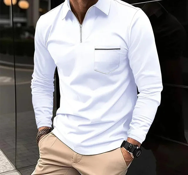 Polo T-shirts for Men Fashion Versatile Casual Solid Color Zip Pocket Long Sleeved Sports Loose Fitting Shirt Autumn New 2024