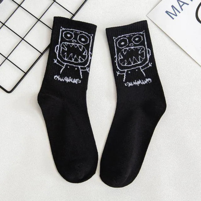 Men Women Socks Cotton Simplicity Anime Devil Grimace Harajuku Black White Graffiti Fashion Long Funny Hip Hop Sox Unisex medias