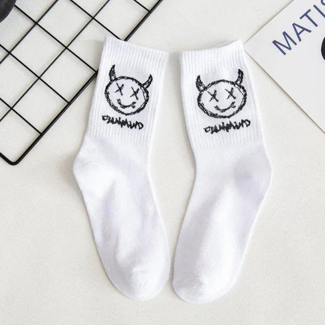 Men Women Socks Cotton Simplicity Anime Devil Grimace Harajuku Black White Graffiti Fashion Long Funny Hip Hop Sox Unisex medias